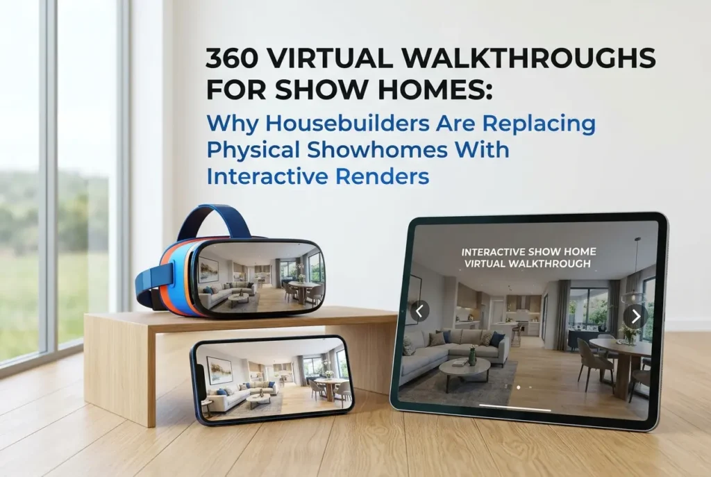 3D render of VR headset and tablet displaying a virtual show home walkthrough experience — 360 Virtual Walkthroughs for Sho