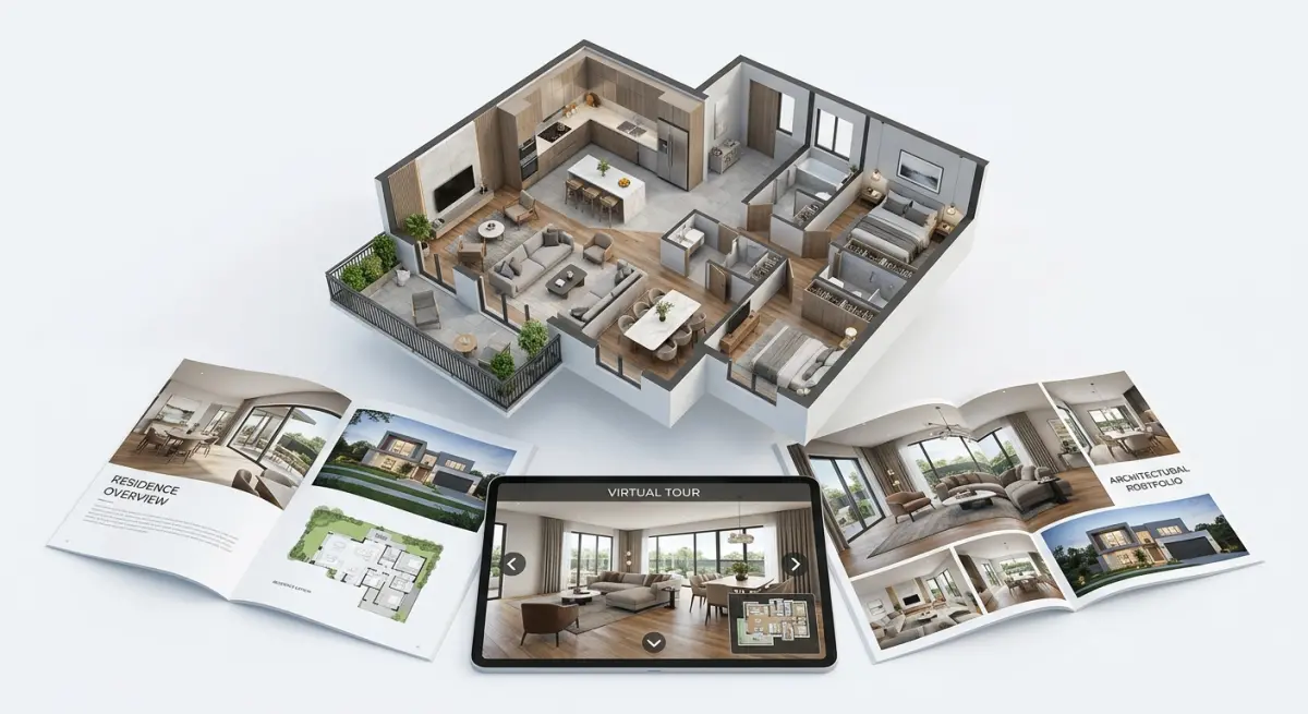 3D render of an architectural floor plan with virtual tour tablet and portfolio for estate agents