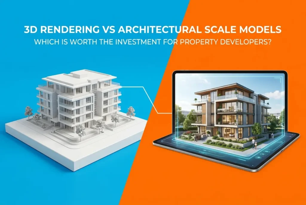 3D render comparing a white architectural model to a digital 3D render of a building on a tablet — 3D Rendering vs Architec