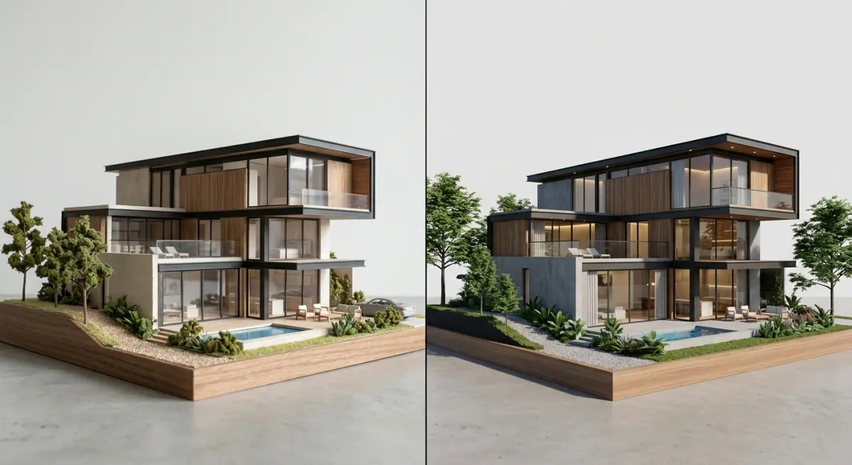 3D render of a modern architectural scale model home with pool and trees