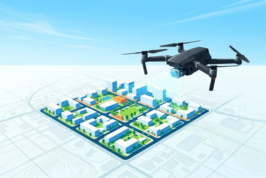 3D render of drone flying over a miniature city, showcasing urban planning visualization — Aerial 3D Rendering for Planning