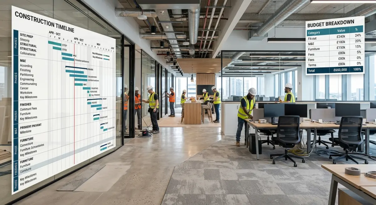 3D render of office interior with construction timeline and budget breakdown on screen