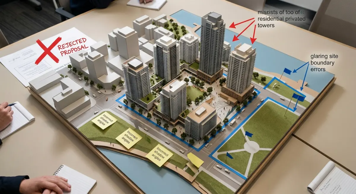 3D render of a rejected development proposal model with annotations on a table