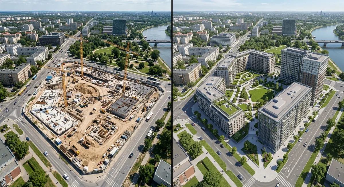 3D render showing aerial view of construction site transforming into modern buildings