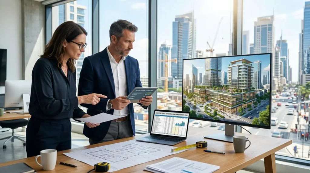 3D render of developers discussing architectural rendering costs for a modern building project — How Much Does Architectura
