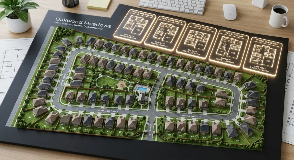 3D render of Oakwood Meadows master-planned community model with house floor plans