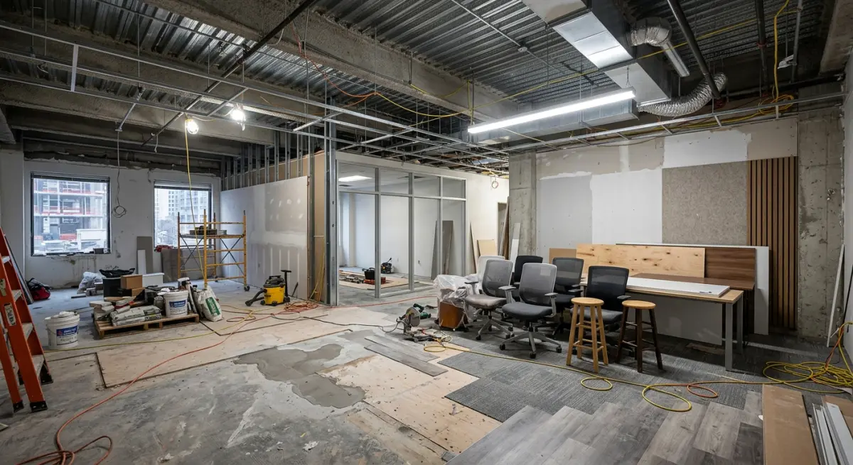 3D render of commercial interior fit-out site with office chairs and building materials