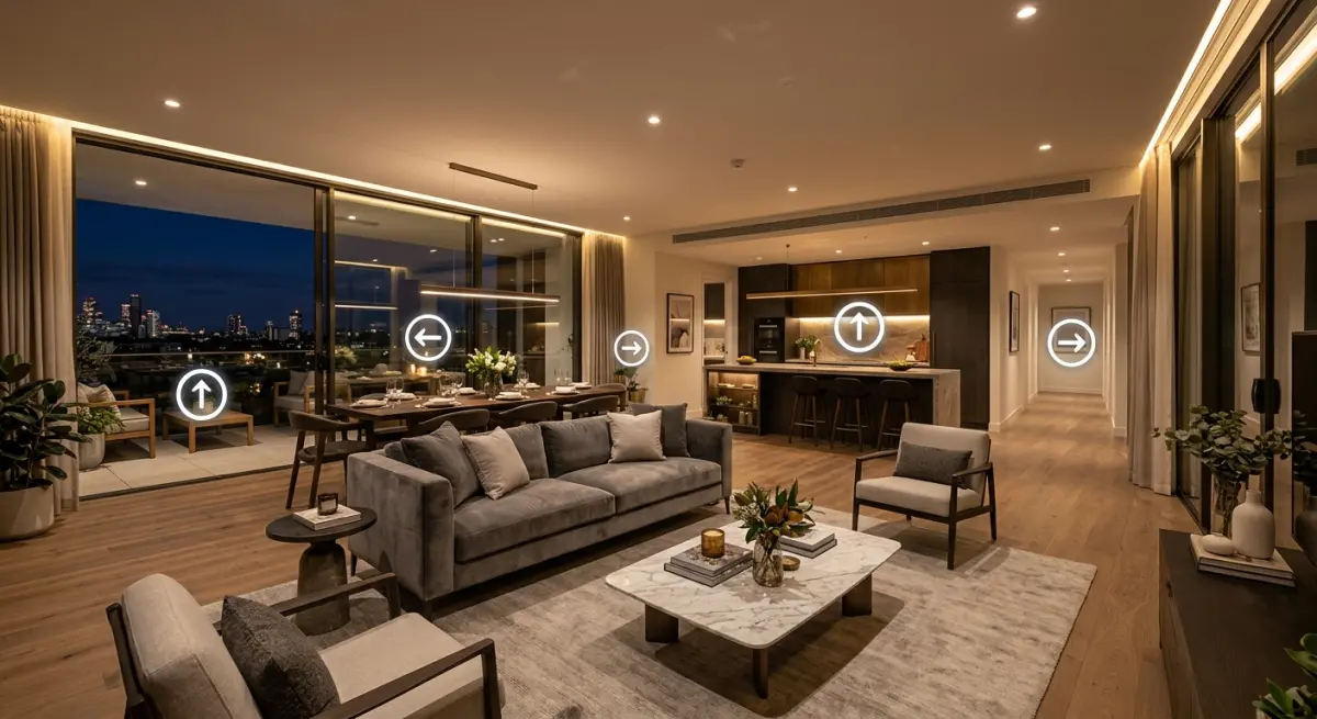 3D render of a luxury apartment's open-plan living, dining, and kitchen area with a city view