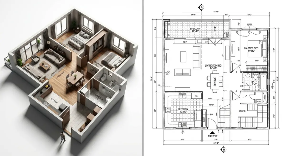 3D render of an apartment floor plan showcasing living space, kitchen, and bedrooms