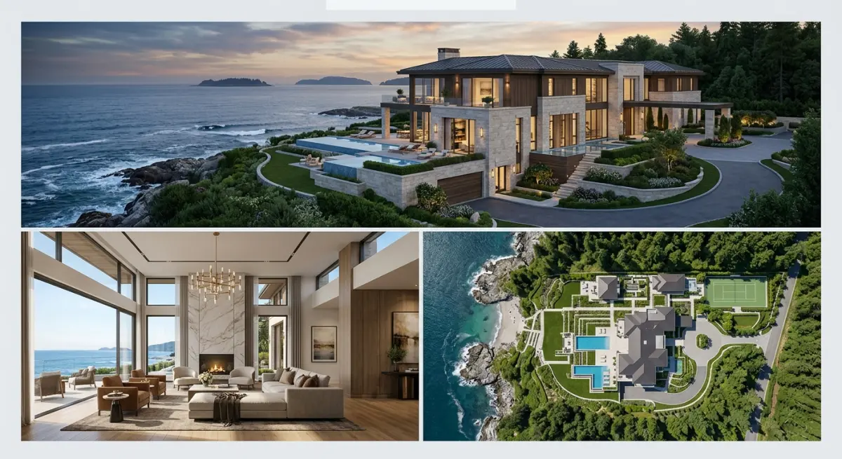 3D render of a modern luxury coastal residence with infinity pools and ocean views