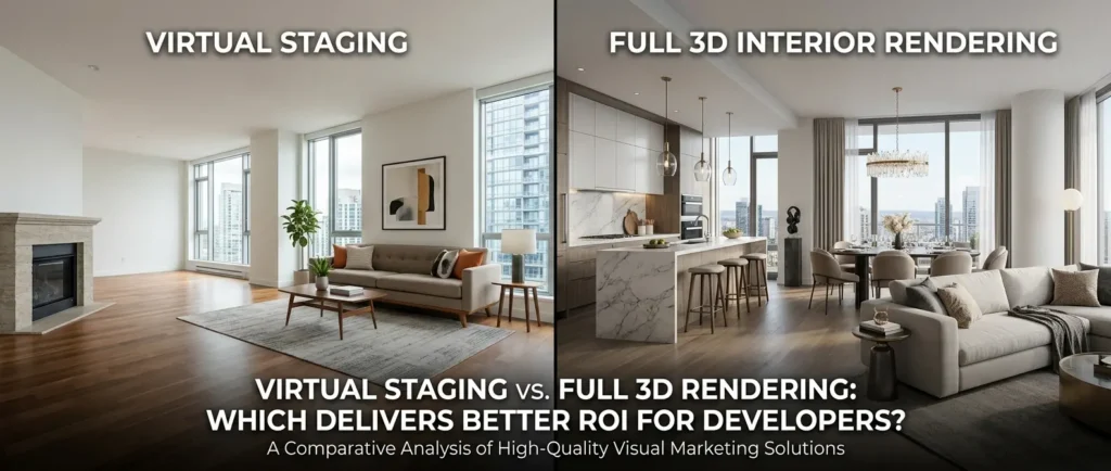 3D render comparing virtual staging and full 3D interior rendering for real estate developers — Virtual Staging vs. Full 3D