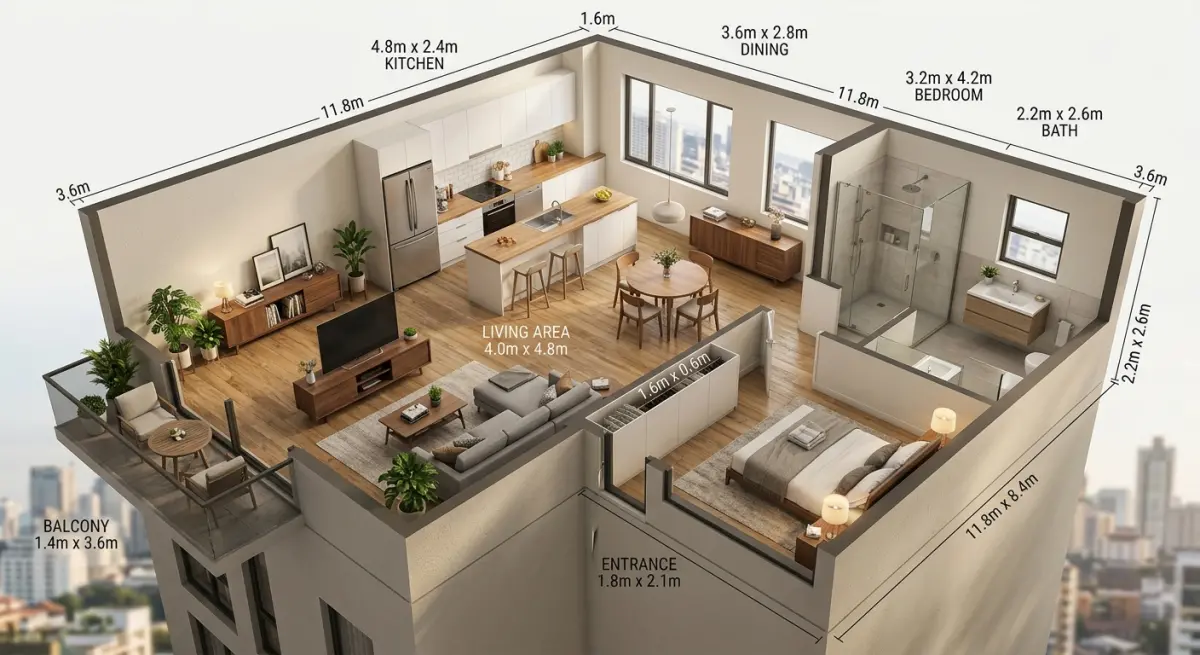 3D render of a modern apartment floor plan with furniture and dimensions, ideal for property listings