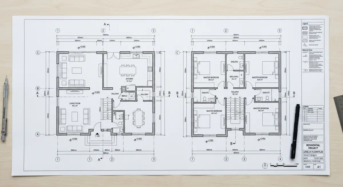 3D render of a detailed residential floor plan blueprint for architectural visualization