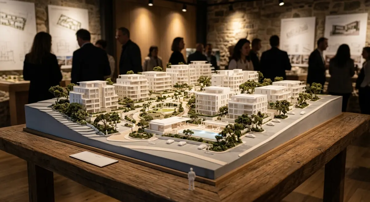 3D render of a white architectural scale model of a housing development with a pool