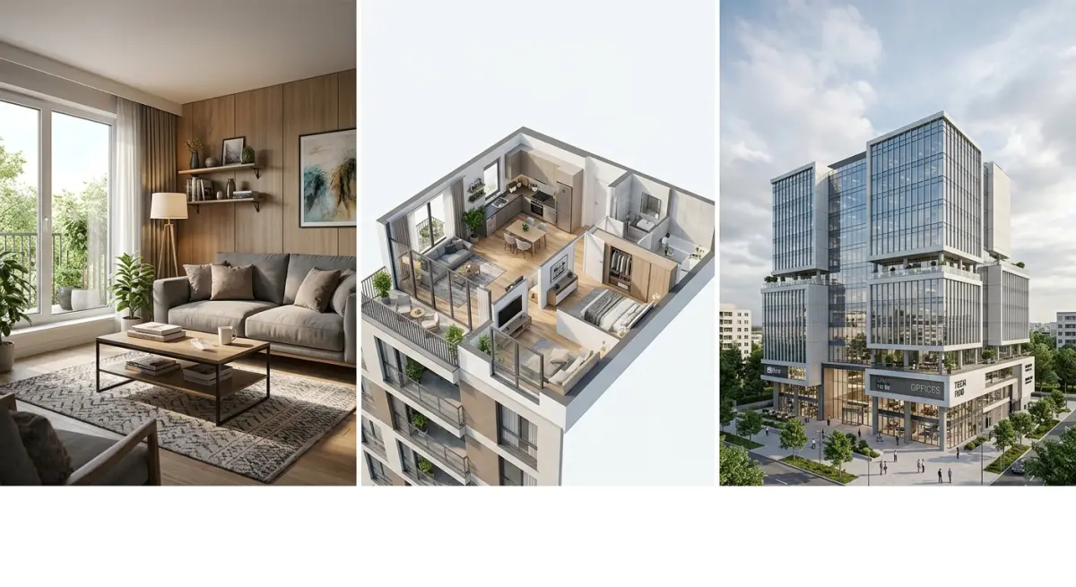 3D render of modern apartment building exterior with interior views and floor plan