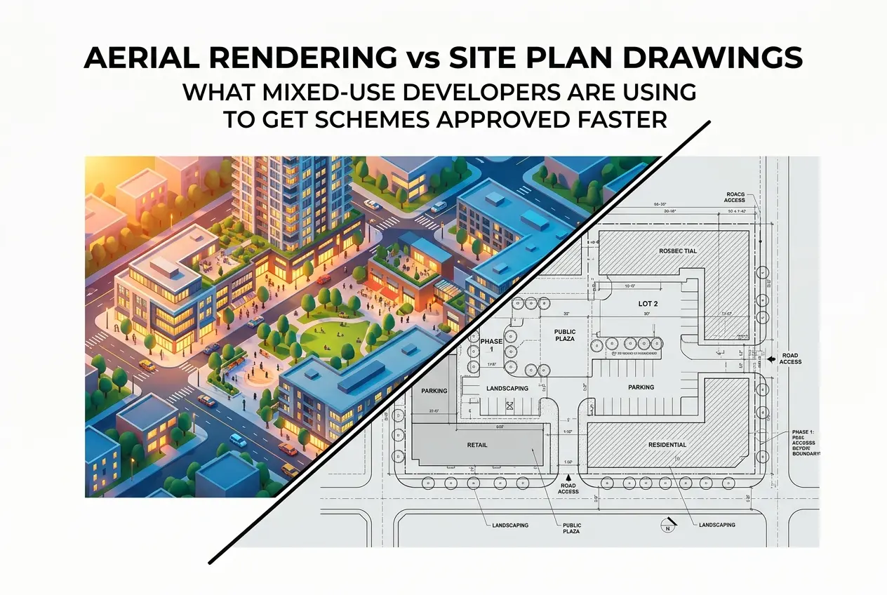 3D aerial rendering and site plan drawing of a mixed-use development, showing buildings and public spaces — Aerial Renderin