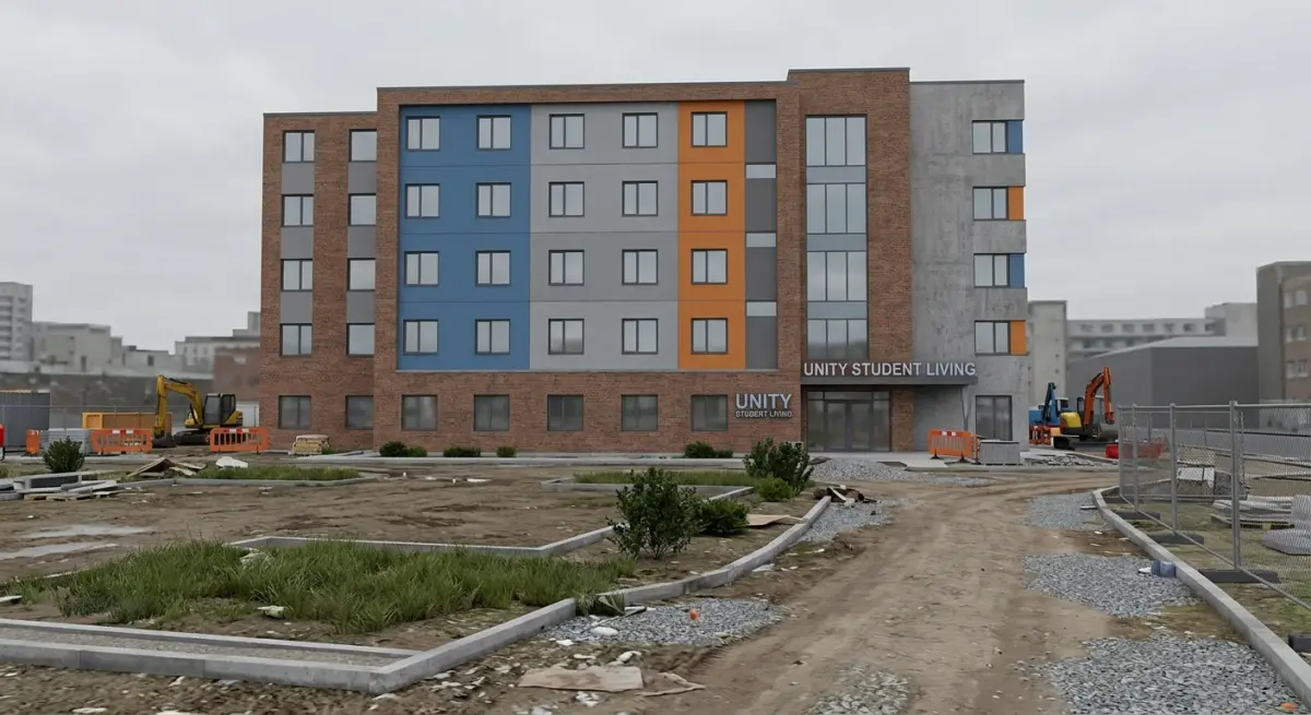 3D render of Unity Student Living construction site with excavators and unfinished building