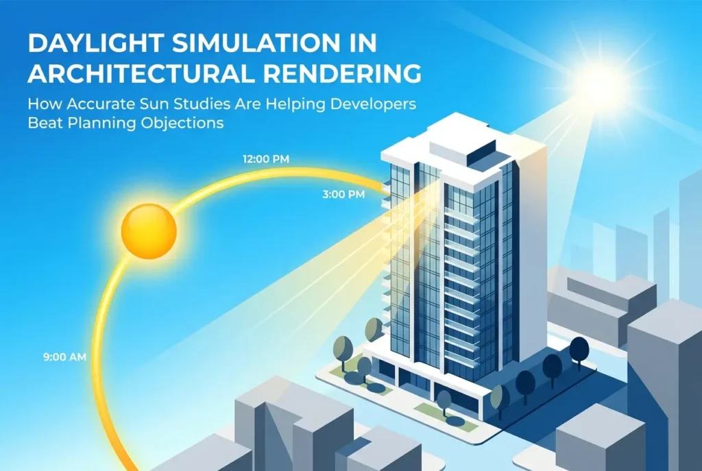 3D render illustrating daylight simulation with sun path and sun studies for architectural rendering — Daylight Simulation