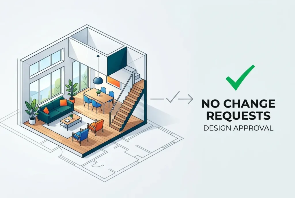 3D interior render showing a modern living and dining space, approved with no change requests — How Architects Use 3D Inter