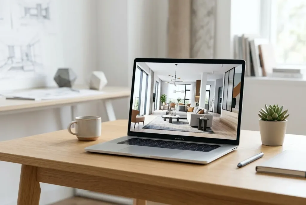 3D render of a modern living room interior design on a laptop screen — How Interior Designers Use 3D Renderings to Win Resi