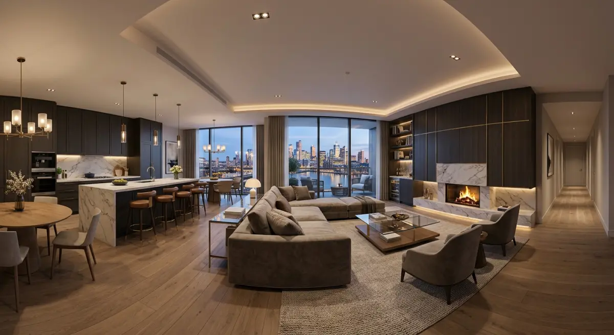 3D render of a modern luxury apartment living room and kitchen with city views