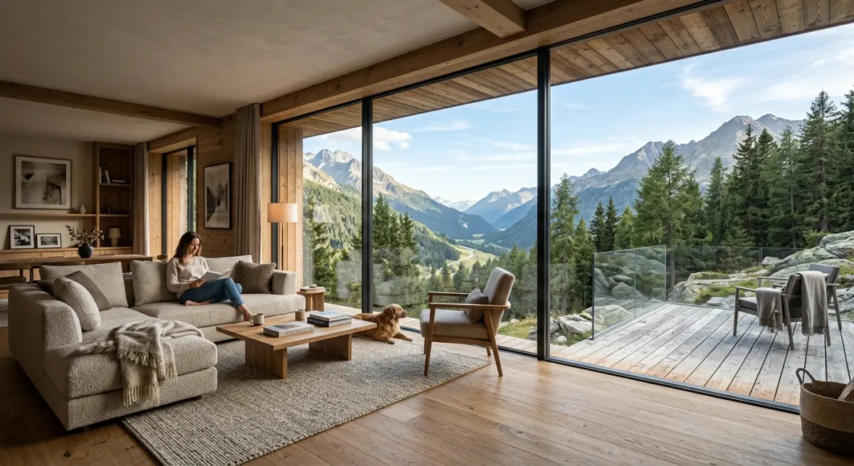 3D render of modern cabin living room with mountain view and cozy fireplace