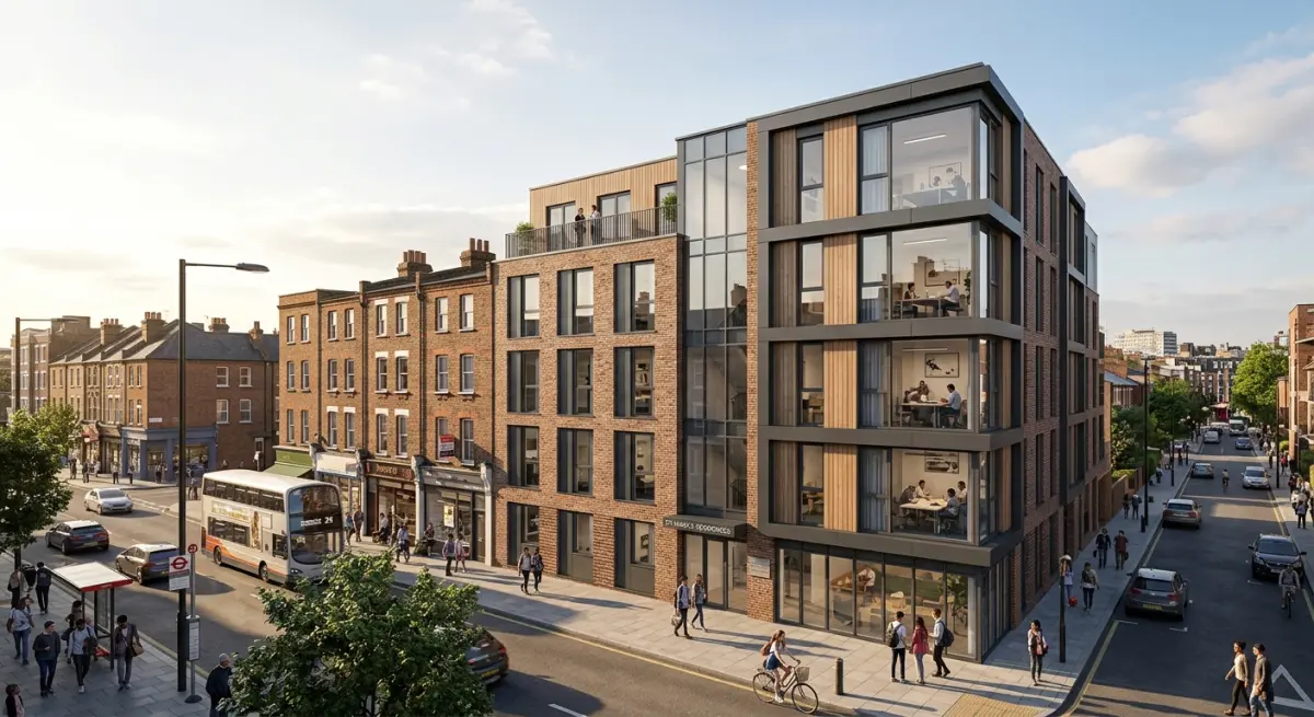 3D render of modern student accommodation development exterior on a city street with people and vehicles