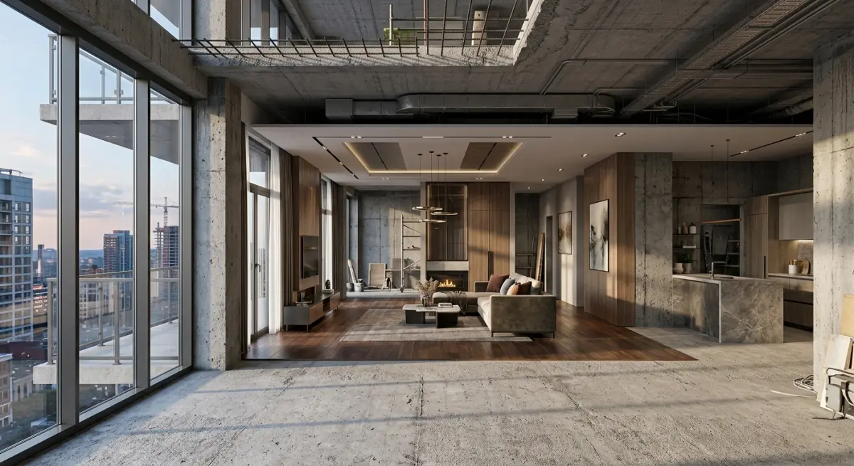 3D render of luxurious penthouse living room with concrete walls and city view