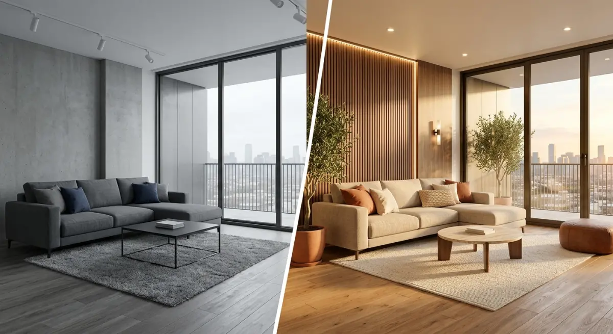 3D render comparison: stark concrete living room vs. warm, wood-paneled modern interior