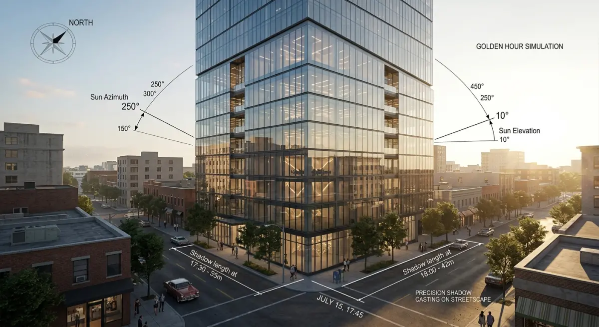 3D render of skyscraper daylight simulation showing sun path and shadow length analysis