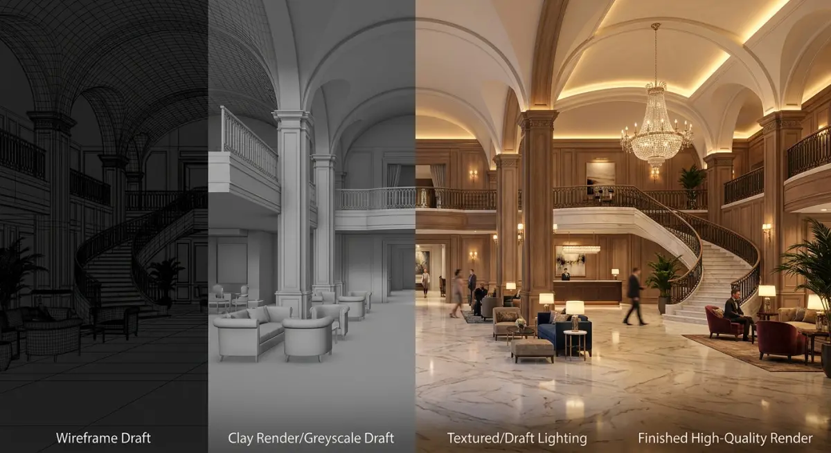 3D render progression from wireframe to high-quality render of a luxury hotel lobby interior
