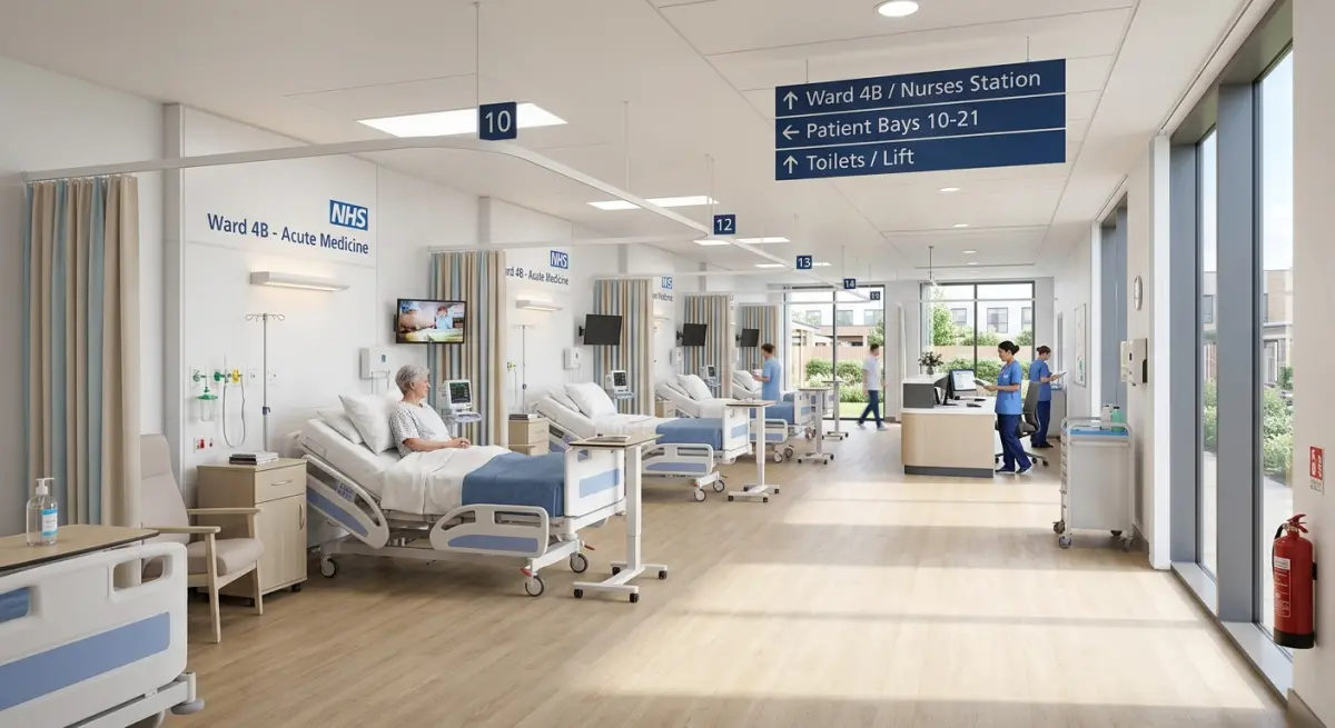 3D render of a modern hospital ward with patient beds, medical equipment, and signage