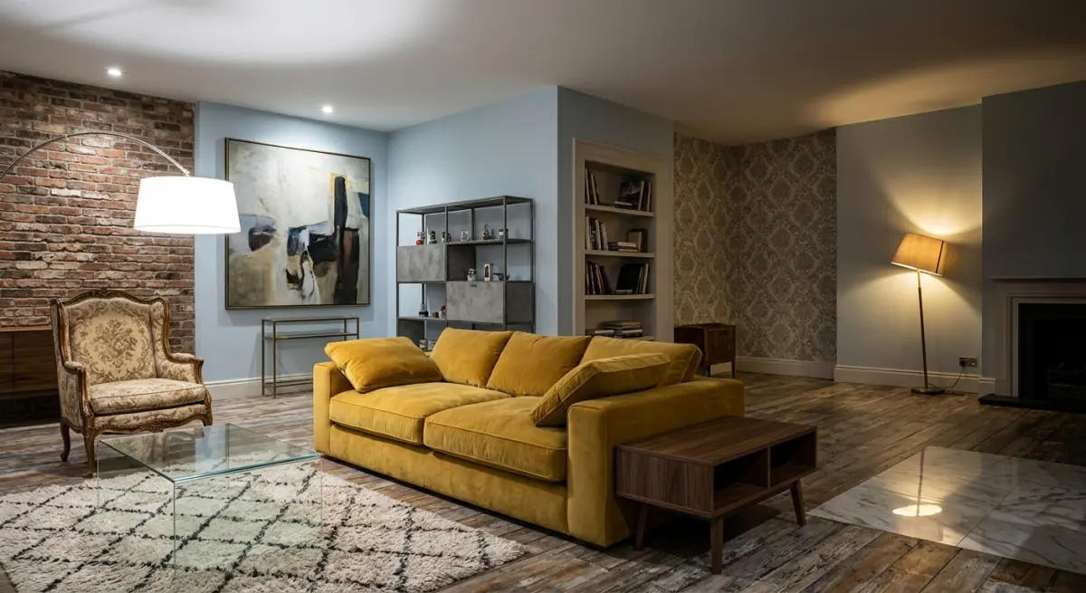 3D render of a chic living room with a mustard sofa and ornate armchair
