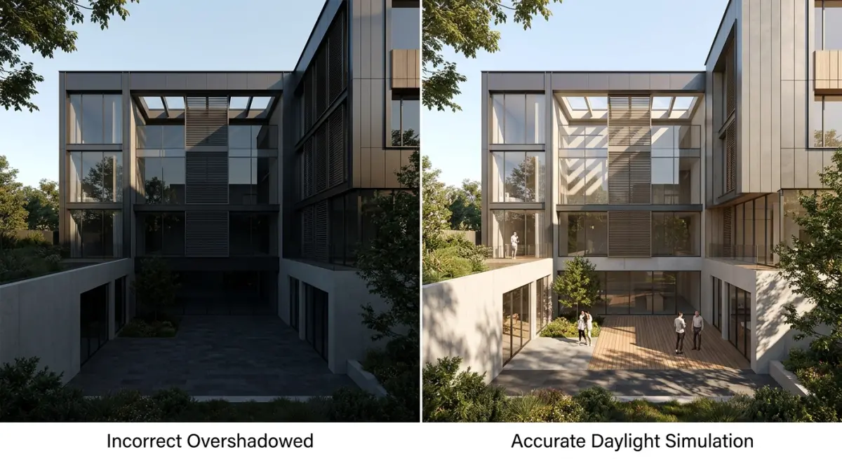 3D render comparing inaccurate vs accurate daylight simulation for modern building architecture