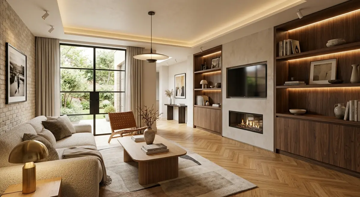 3D render of a modern living room with sectional sofa, fireplace, and built-in shelves