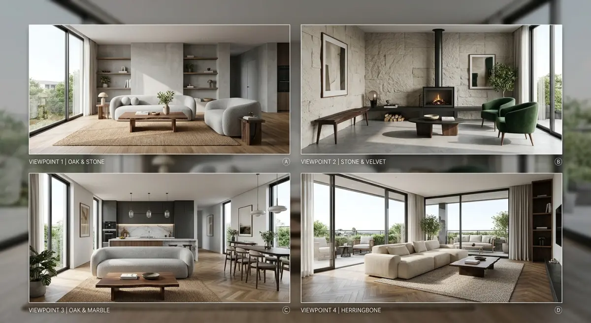 3D render of modern living room with large windows and natural light, oak and stone finishes