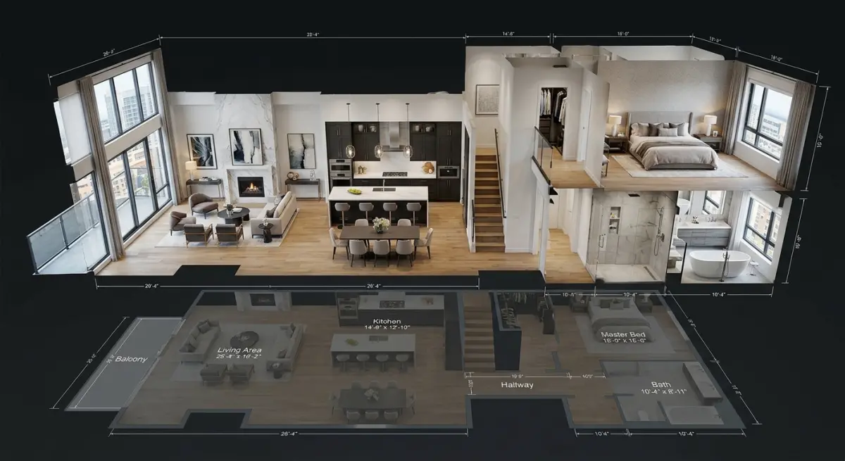 3D render of a luxury two-story apartment showcasing living areas, kitchen, and master suite