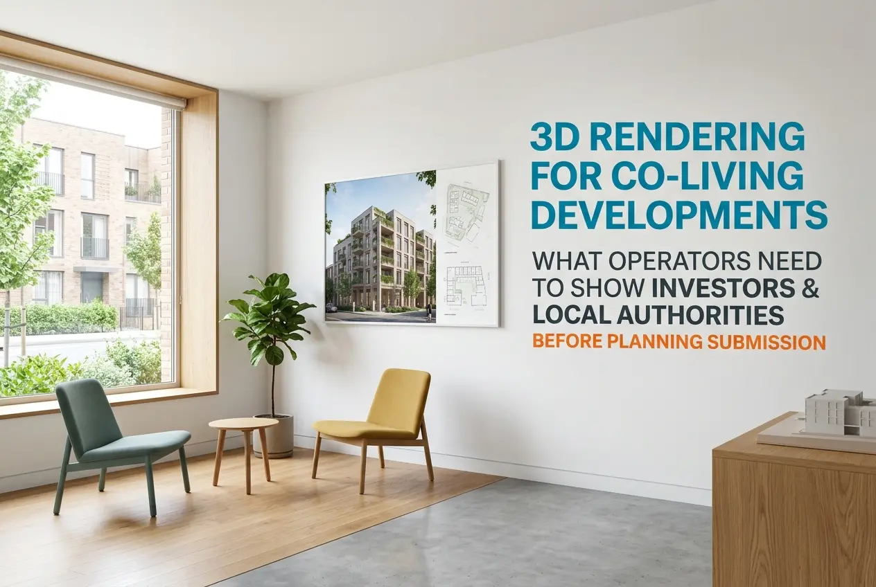 3D render of co-living development plans and exterior image on wall with furniture — 3D Rendering for Co-Living Development