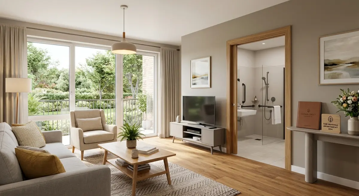 3D render of a modern living room in a retirement development, featuring a sofa, armchair, and TV