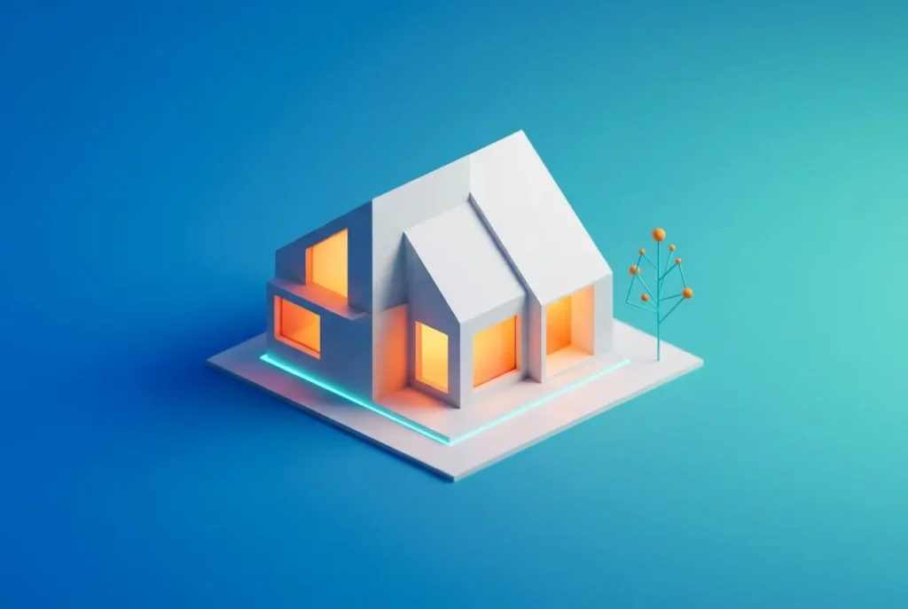 3D render of a modern white house with orange glowing windows and a blue light path — 3D Rendering for Self-Build and Custo