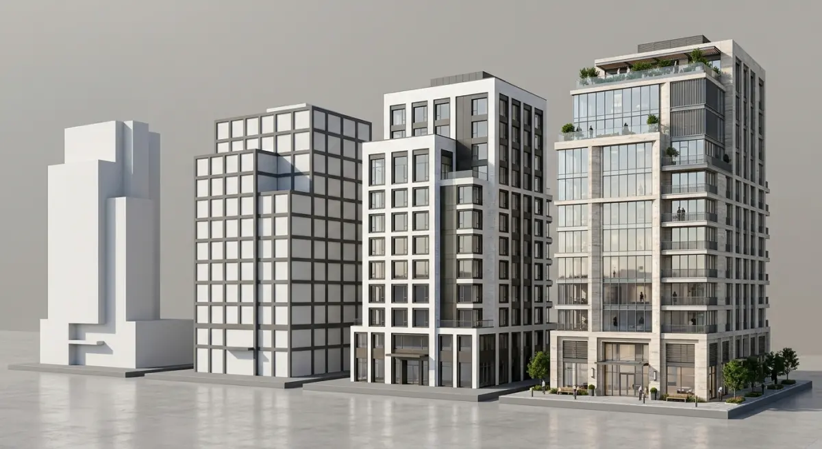 3D render illustrating different levels of architectural detail from LOD 100 to LOD 400
