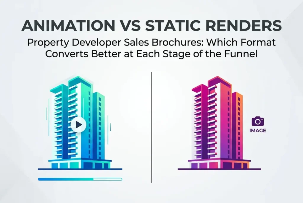 3D renders comparing animation and static property visuals for sales brochures, showing building models — Animation vs Stat