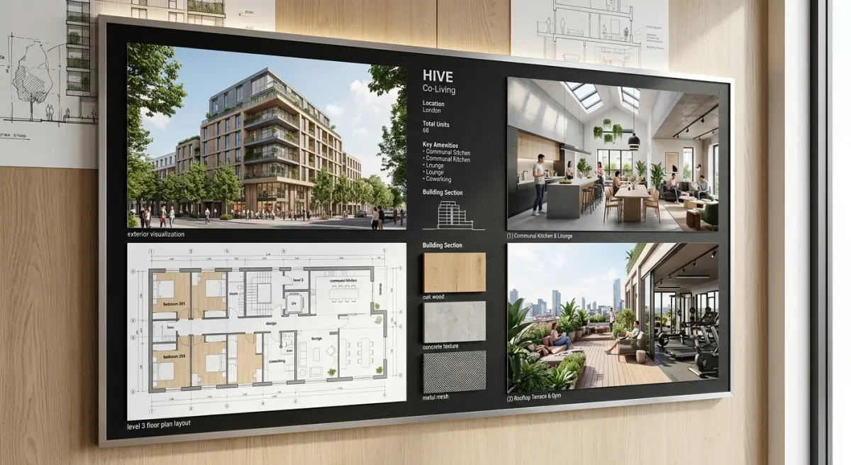 3D render showing co-living development exterior, floor plan, interior, and amenities for investors