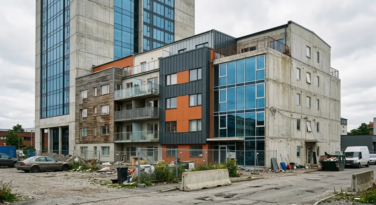 3D render of a modern co-living development facade with concrete, wood, and glass elements