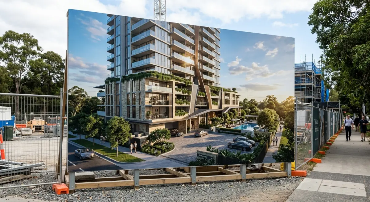 3D render of modern apartment building exterior with pool and landscaping, for print and web use