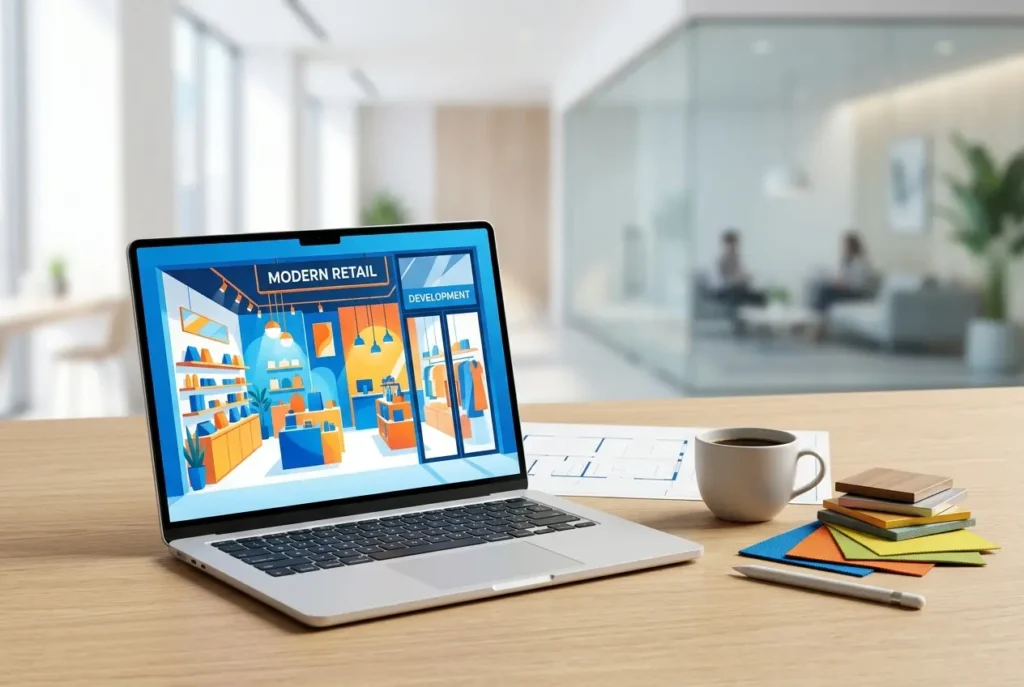 3D render of modern retail interior design on laptop for franchise pitch to landlords — How Retail Fit-Out Brands Use Comme