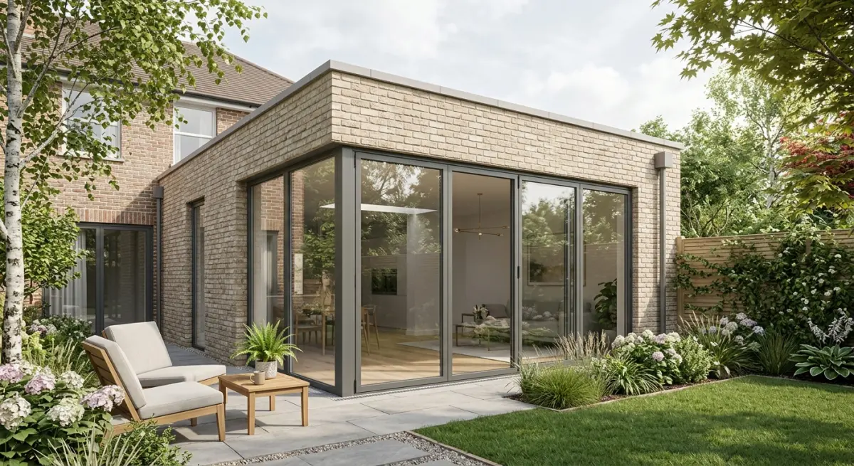 3D render of modern brick house extension with large glass sliding doors and garden