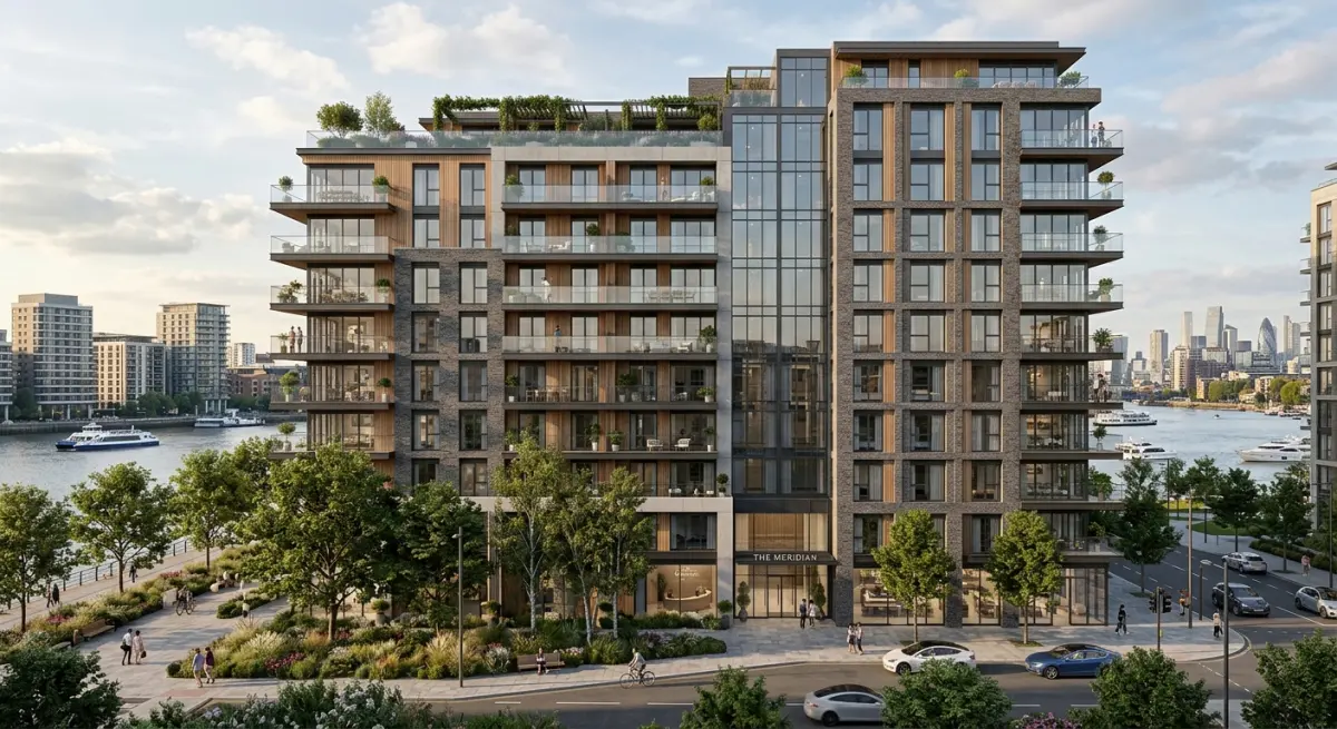 3D render of a modern riverside apartment building with balconies and city skyline view