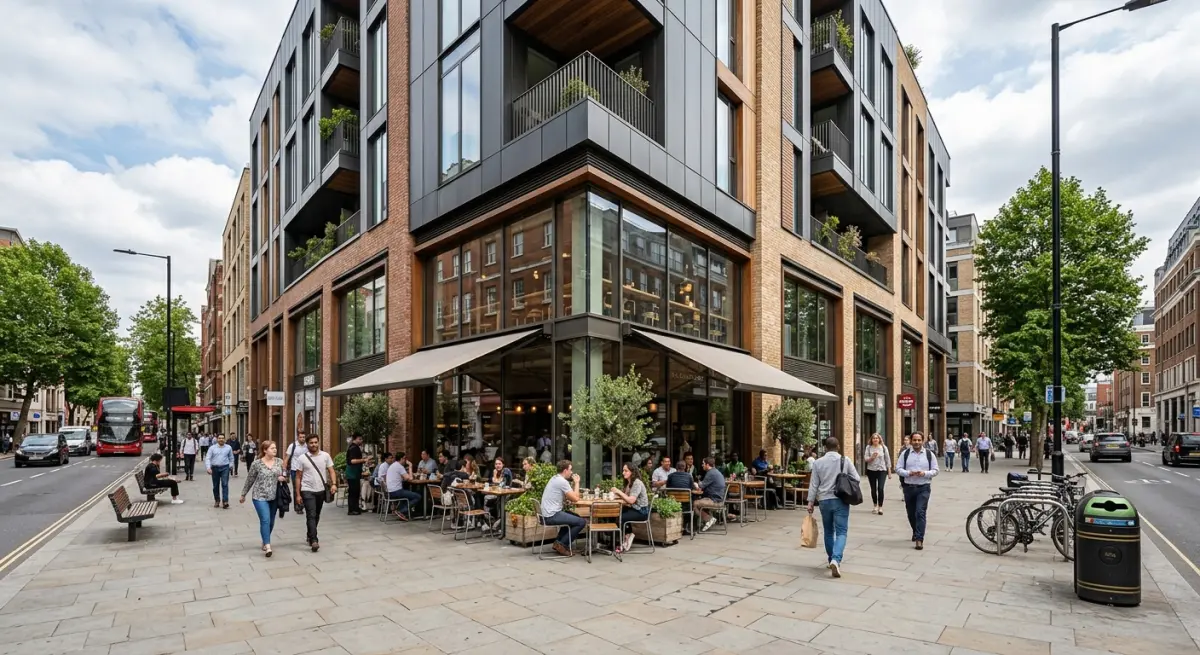 3D render of urban street with people, cafe, and modern buildings