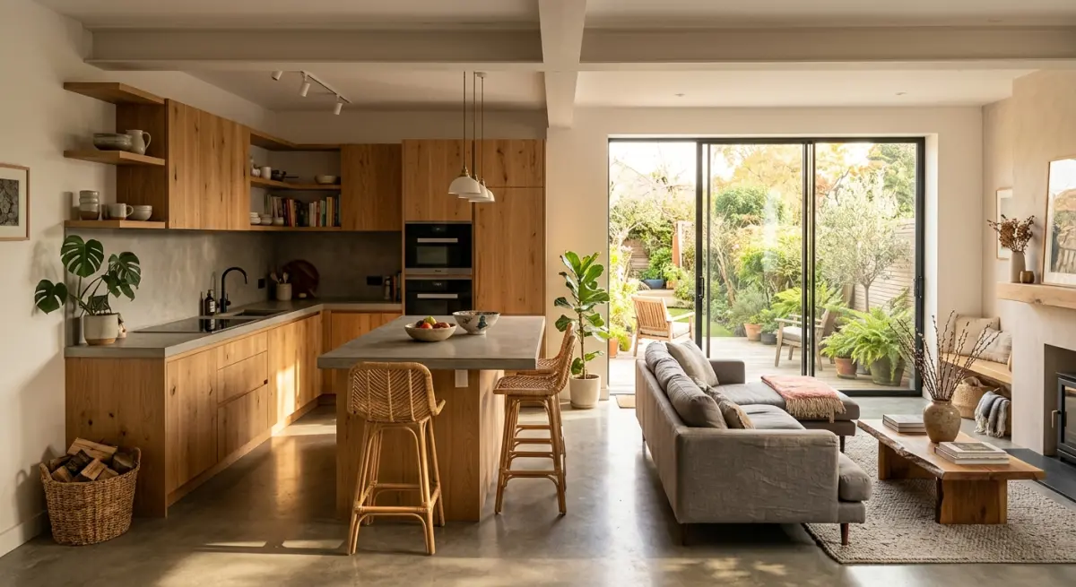 3D render of a modern open-plan kitchen and living area with natural wood cabinets and garden view